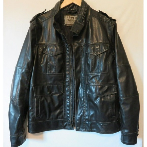 Levi’s Men Faux Leather Jacket Sz M Full Zip Rider Trucker Hooded Motorcycle - Picture 2 of 16